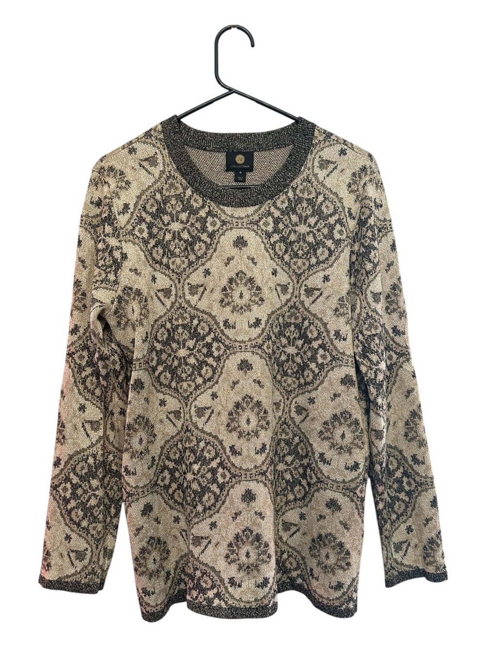 JM Collection Metallic Cream and Black Patterned Crewneck Sweater Size Medium